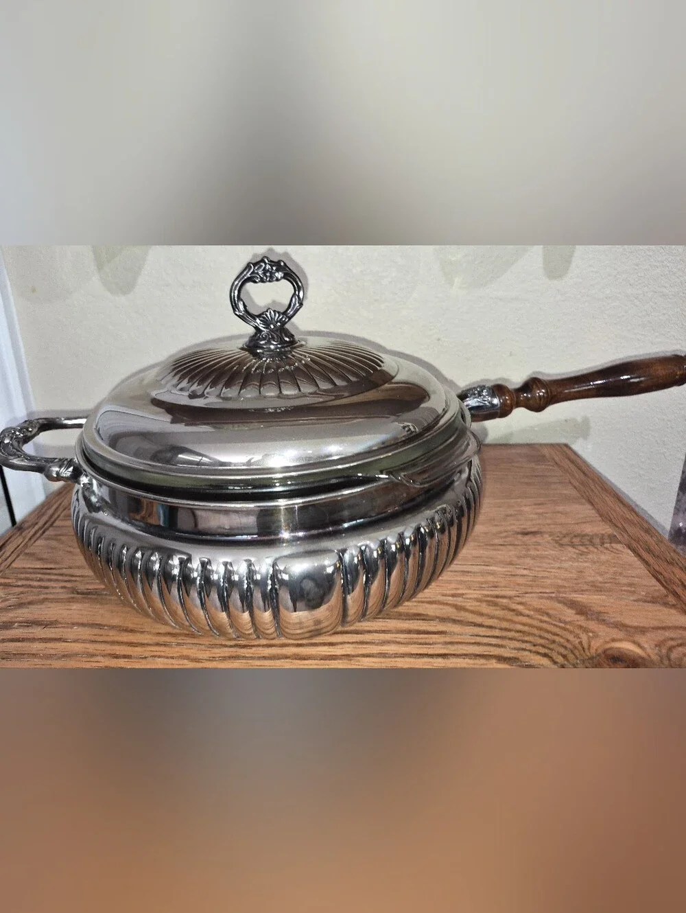 Vintage Silver-plated covered casserole or chafing dish w Insert & Wooden Handle